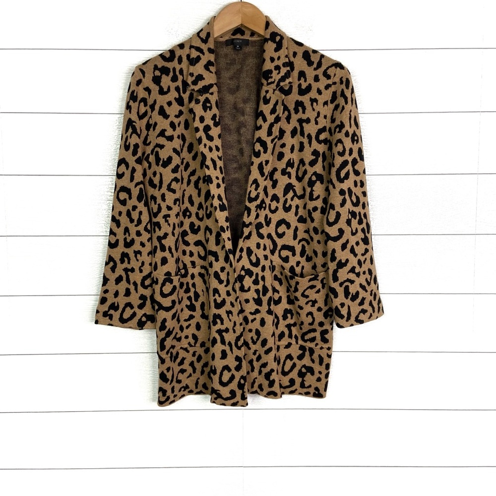 JCREW Sophie Open Front Sweater Blazer Leopard Brown Medium Classic Cozy Layer